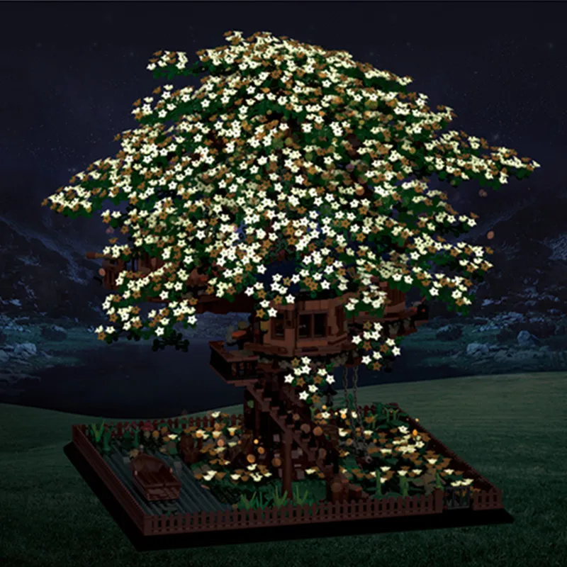 MOC 별빛나는 트리 하우스 꽃다발 빌딩 블록 세트 하늘 빛나는 정원 소원 숲 오두막 DIY 장난감 생일 선물