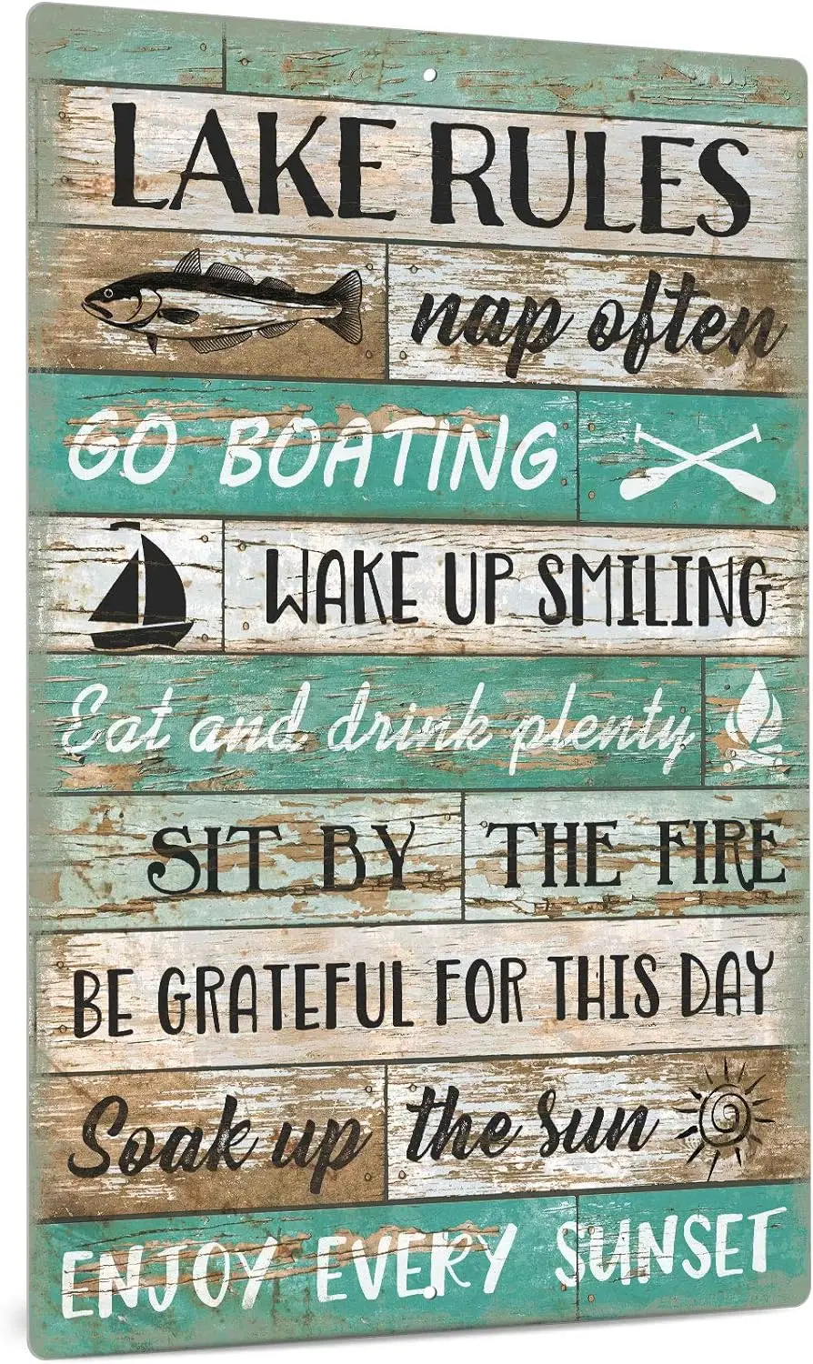Metal Sign 8X12 Inch - Lake Rules Decor, Country Lake House Decor for Memories Made at The Lake Last a Life Time Aluminum Tin Si