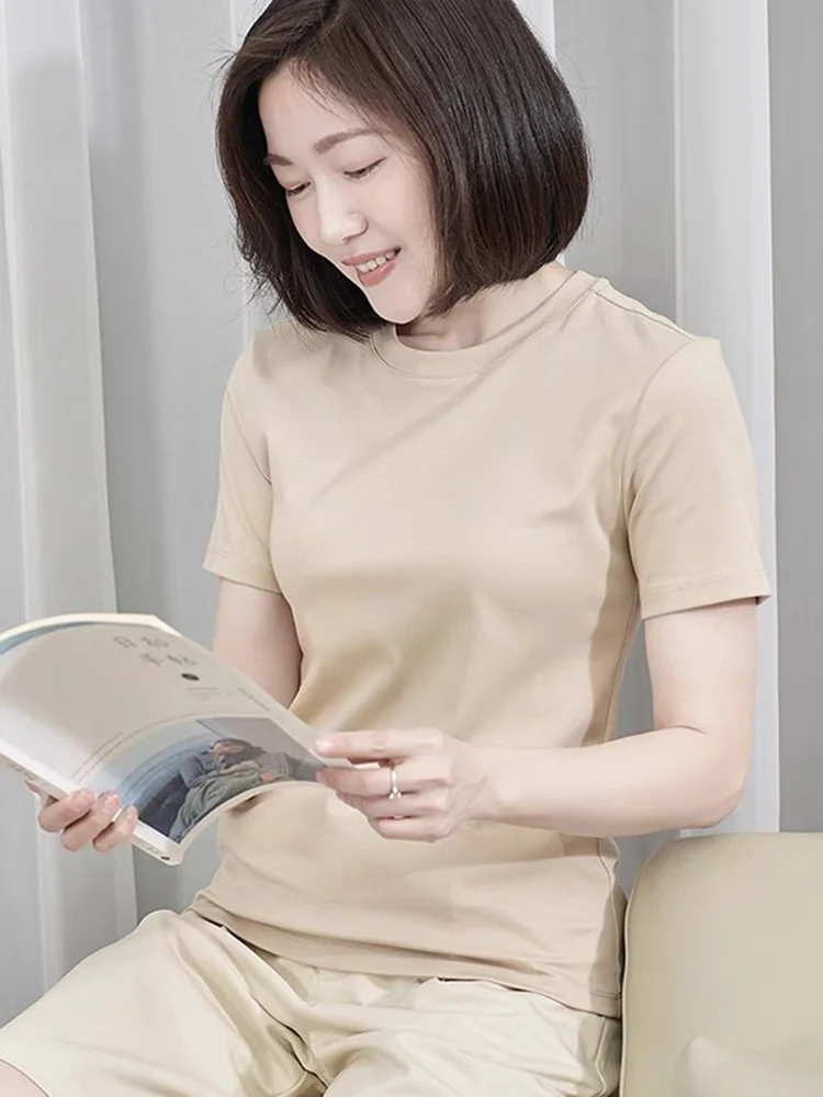 Women's Short Sleeve T-Shirt Cotton Casual Slim Fit round Neck Pure White Top Breathable Comfortable Summer Fashion