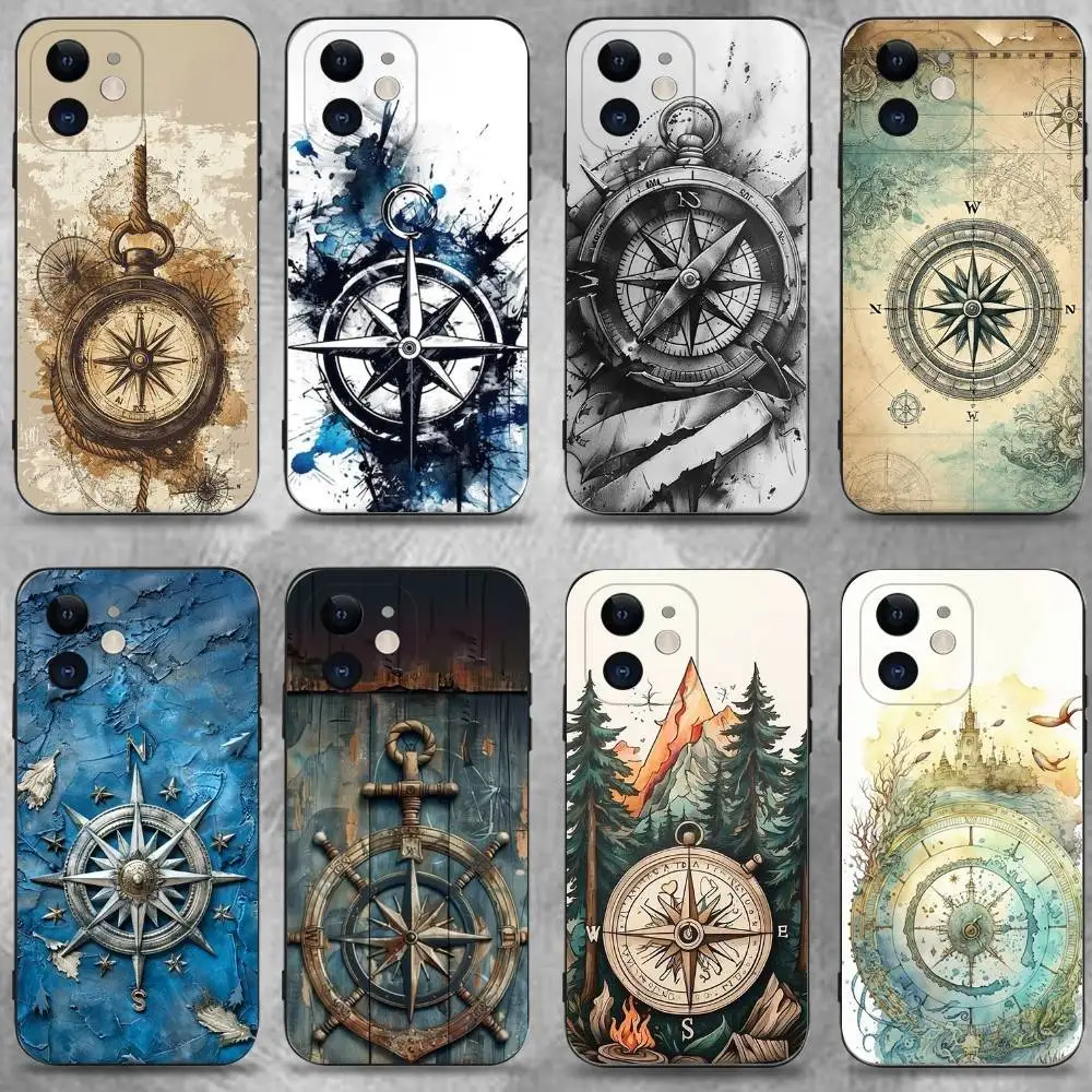 

Compass Pattern Phone Case For iPhone 16,15,14,13,12,11 Plus,Pro Max,XS,X,XR,SE,Mini,8,7,Soft Silicone Black Cover