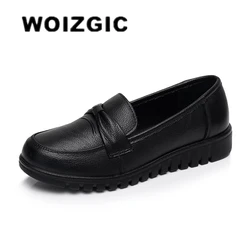 WOIZGIC Women Old Mother Female Shoes Flats Loafers Cow Genuine Leather Slip On Black Round Toe PU Casual Solid 35-41 HD-802