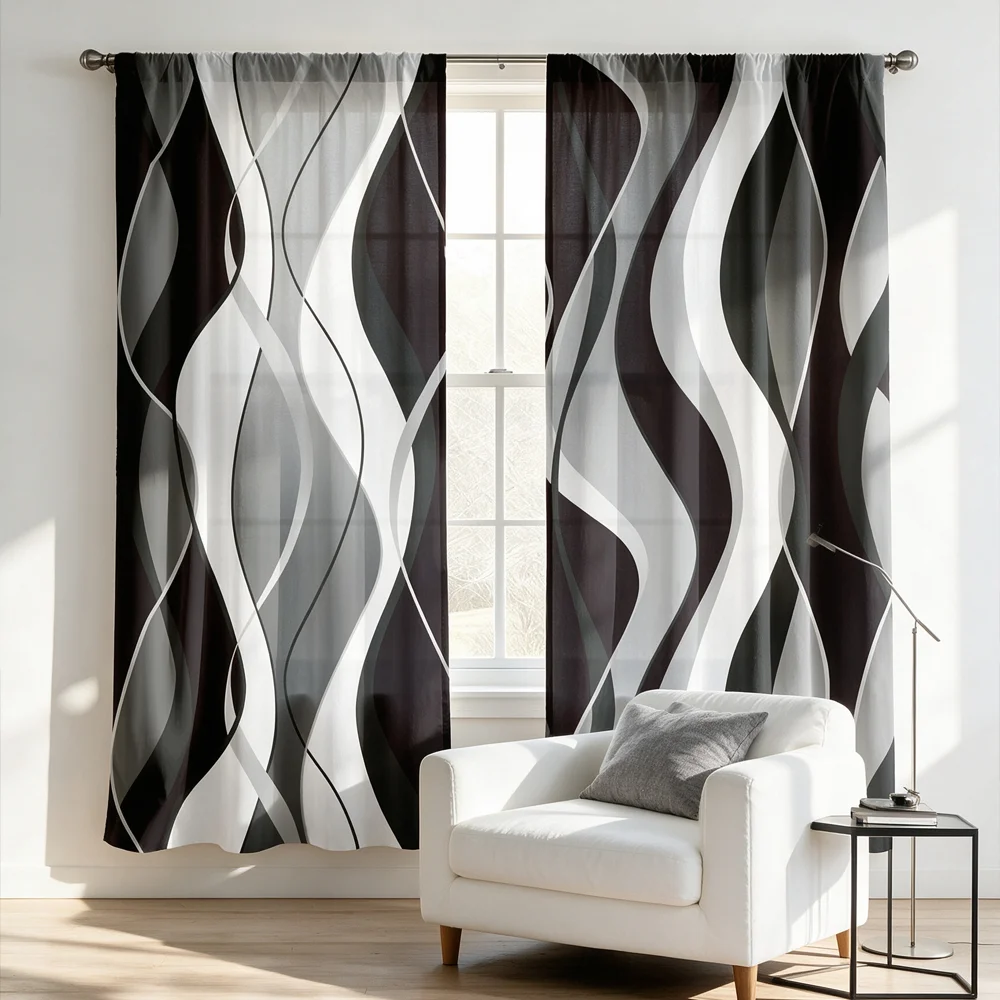 2PCS Abstract Black White Stripe Curtains, Modern Geometric Print, Minimalist Window Drapes for Living Room Bedroom Decor