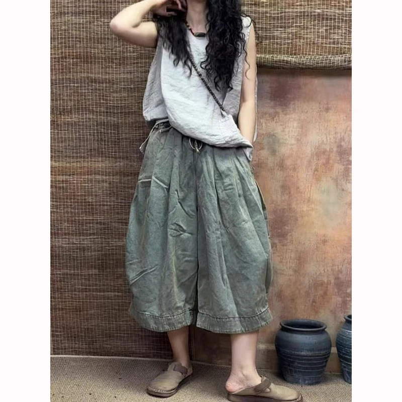 

New Summer Arts Style Women Elastic Waist Loose Cotton Denim Calf-length Pants High Quality Vintage Black Wide Leg Jeans T061