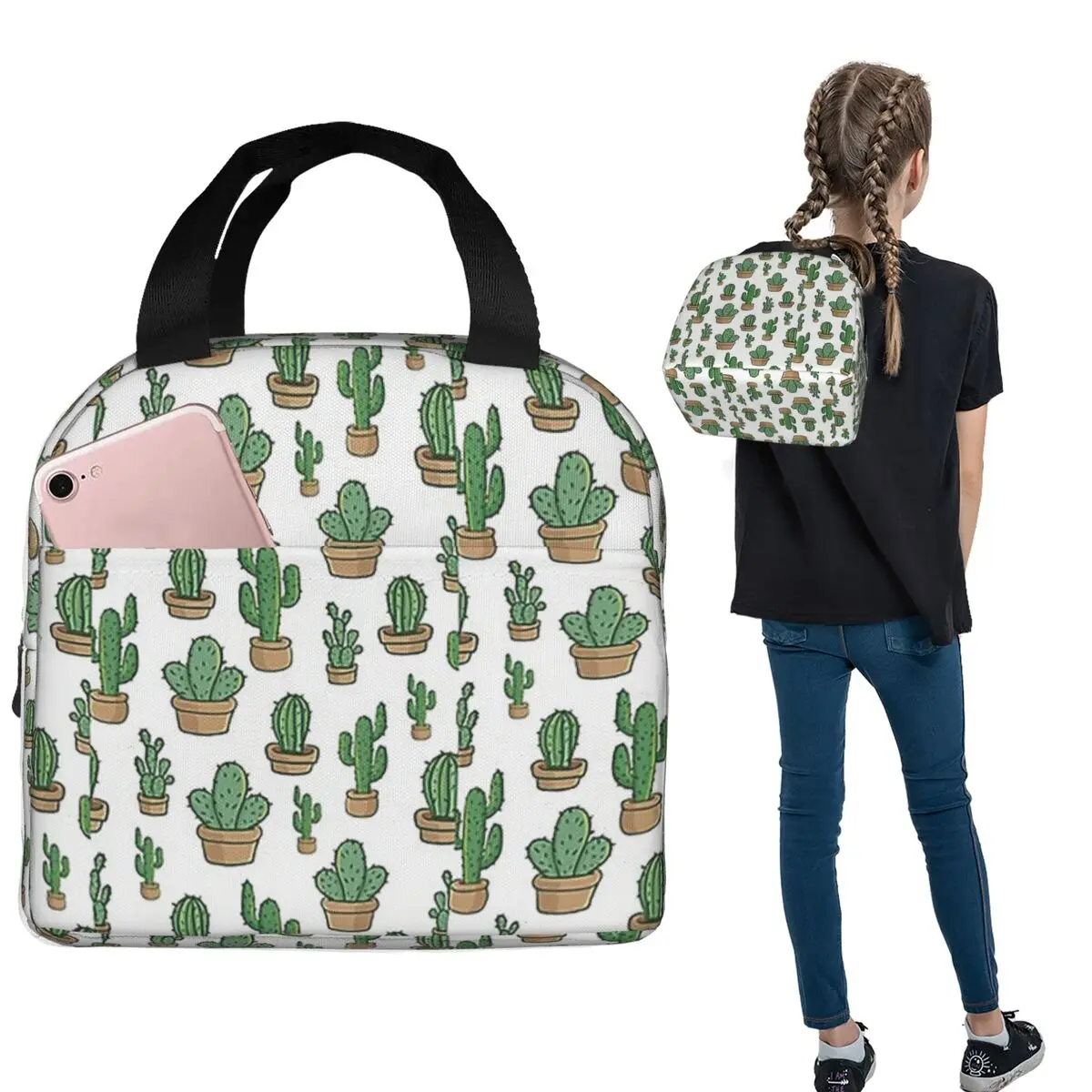 Cactus Flowers Cactus Cactus Flowers Floral Pattern Insulated Lunch Bag for Women Kids Portable Food BoxesThermal Lunch Box Tote