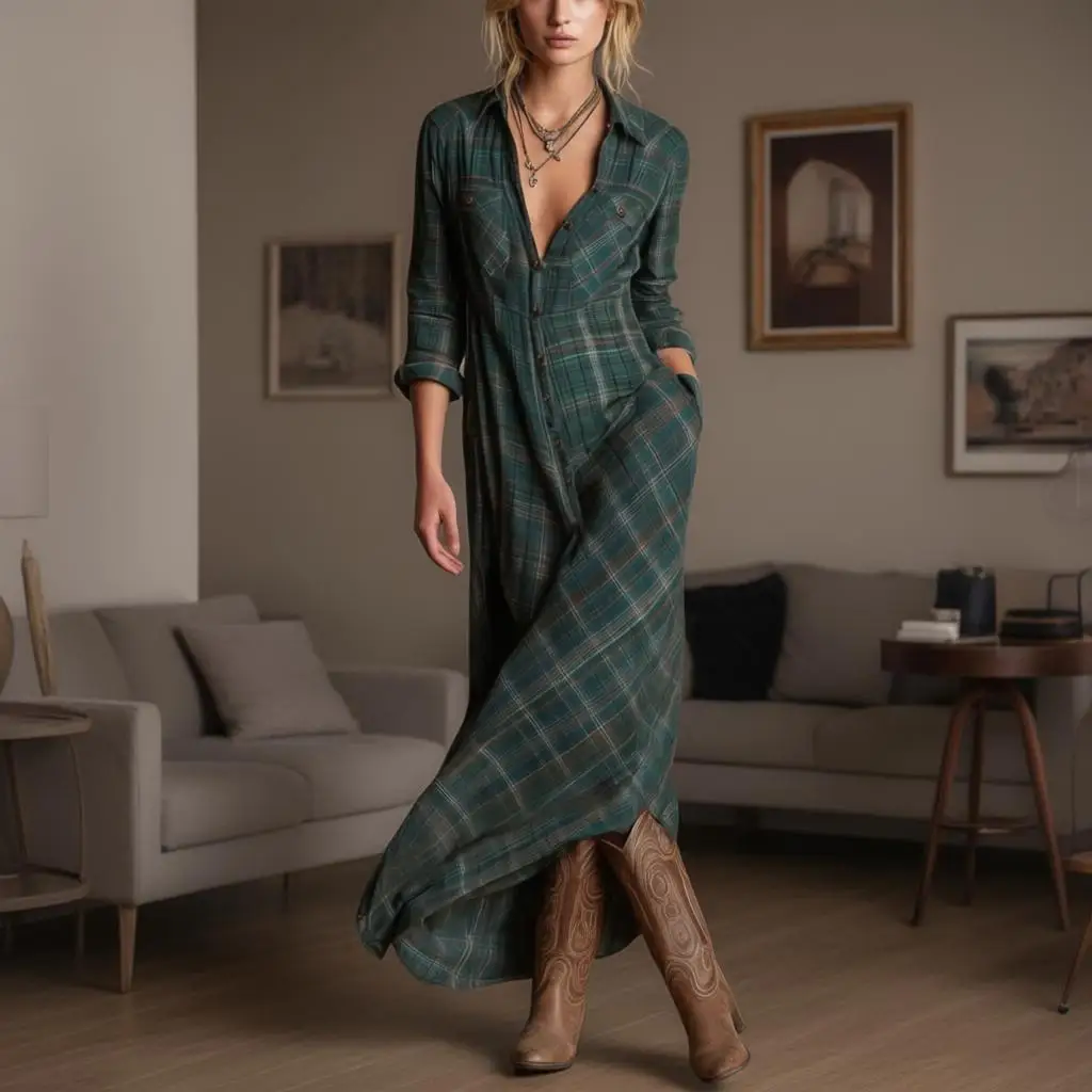 Women Fashion Plaid Dress Classic Lapel With V Neck Comfort Dress Female Daily Outdoor Casual Style Comfortable Long Dress