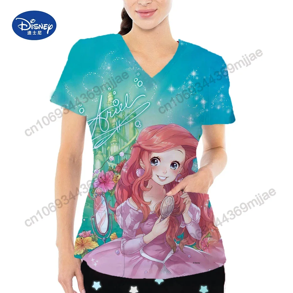 

Summer Short Sleeves Cartoon T-shirts for Woman V-neck Pocket Design Tops