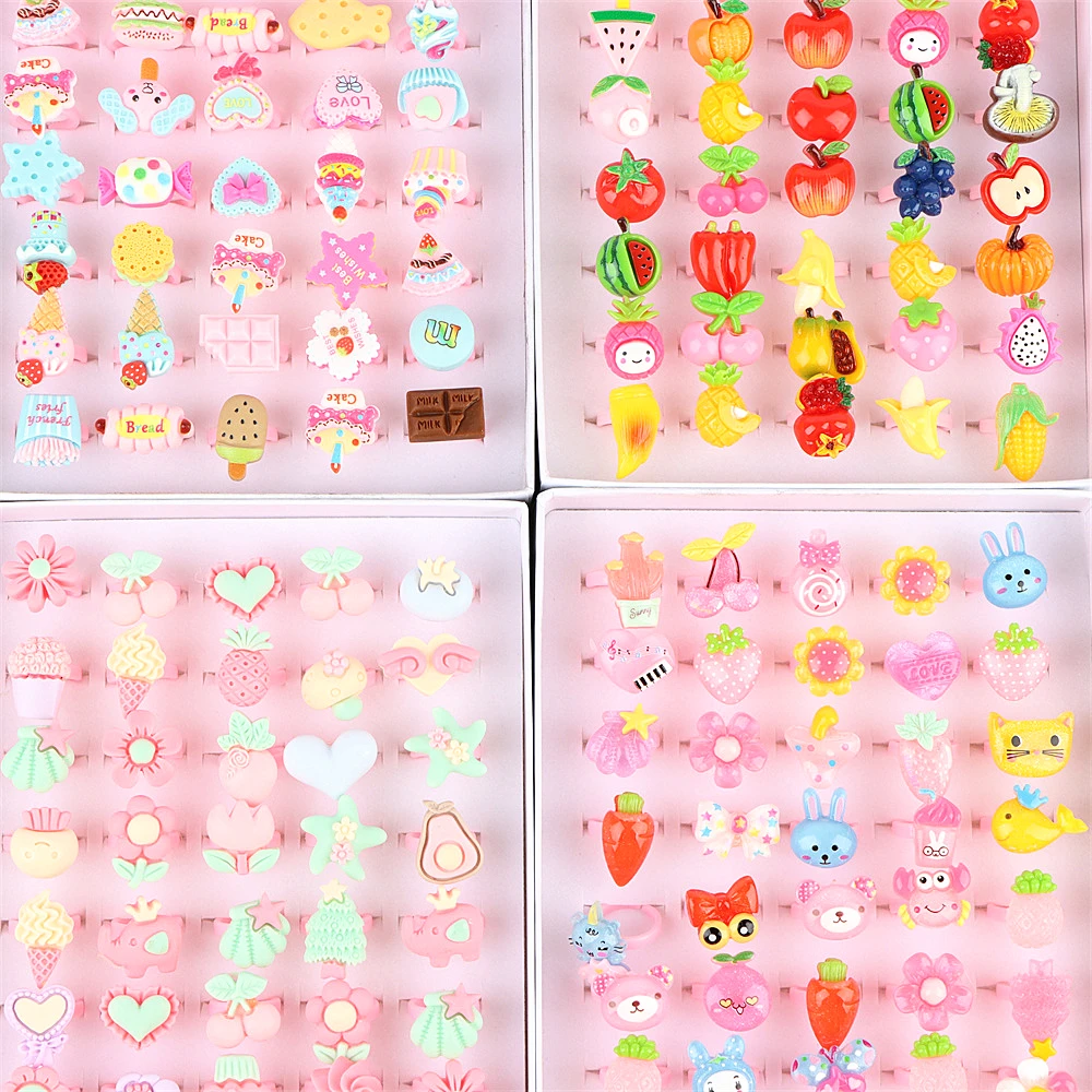 100pcs/Lot Children's Opening Rings For Girls Cute Cartoons Animals Resin Prize Finger Jewelry Favorite Friendship Gifts