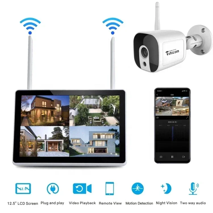 TUYA Smart Wi-Fi 4CH NVR Kit 12inch LCD HD 1080P Wireless Night Vision Surveillance Home Cctv System Security Camera