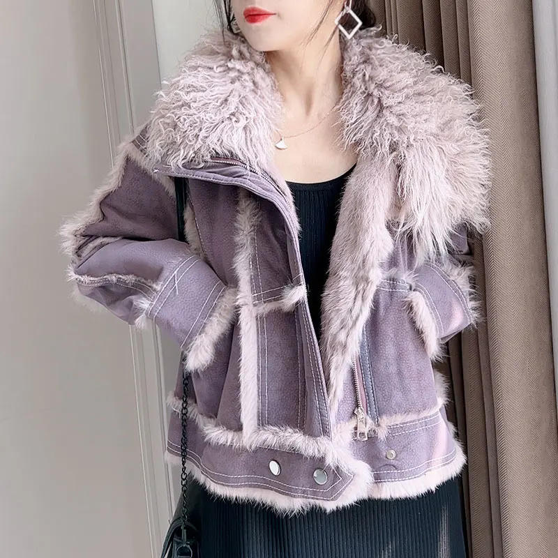 Rex Rabbit Fur Coat Women 2024 Winter New Casual All-Match Small Lamb Collar Real Fur Coat