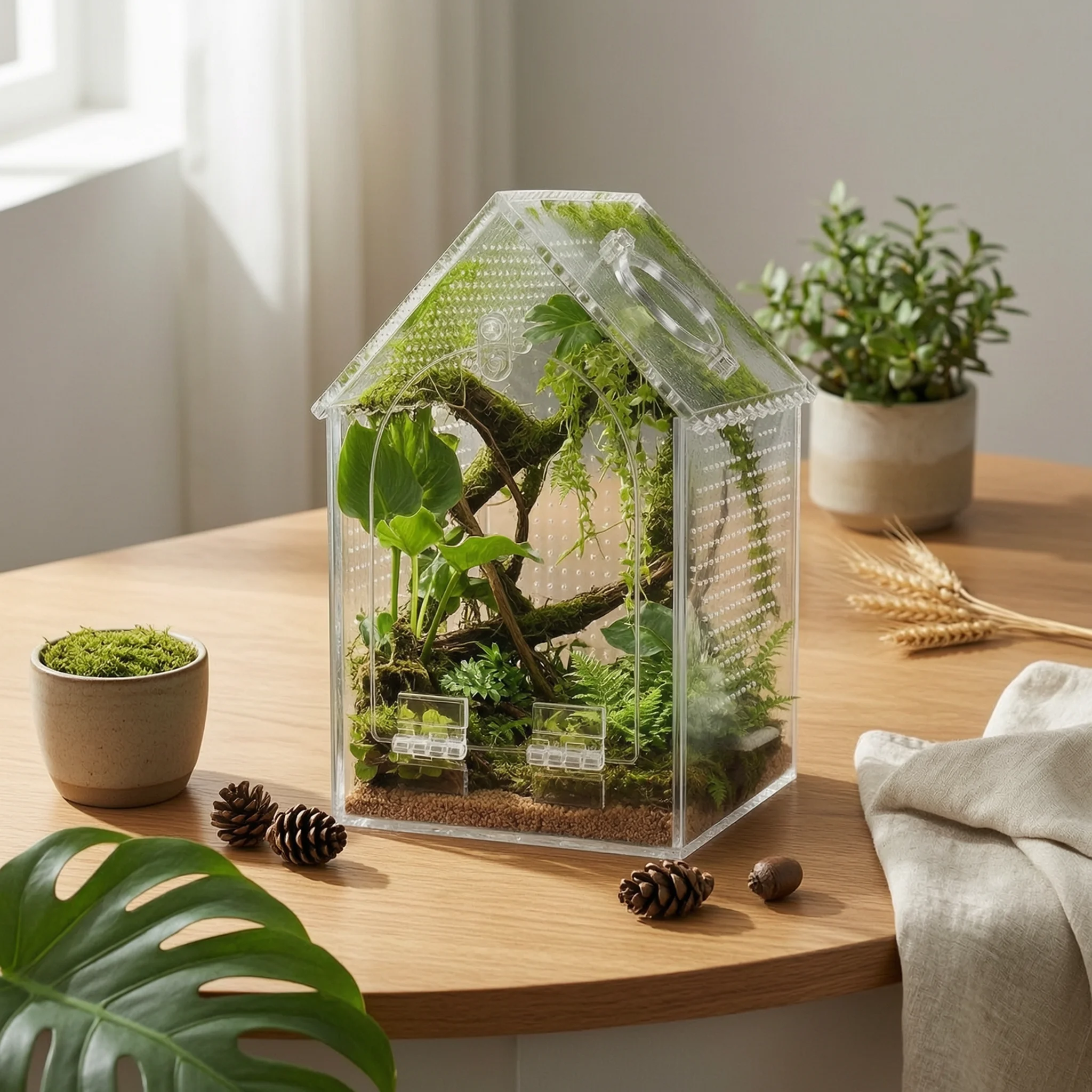 給餌用ハッチ付き爬虫類飼育ケージ-透明な爬虫類飼育ケージ-アクリル製テラリウム-透明ケージ-ホビーヤーズ向けデスクトップ用