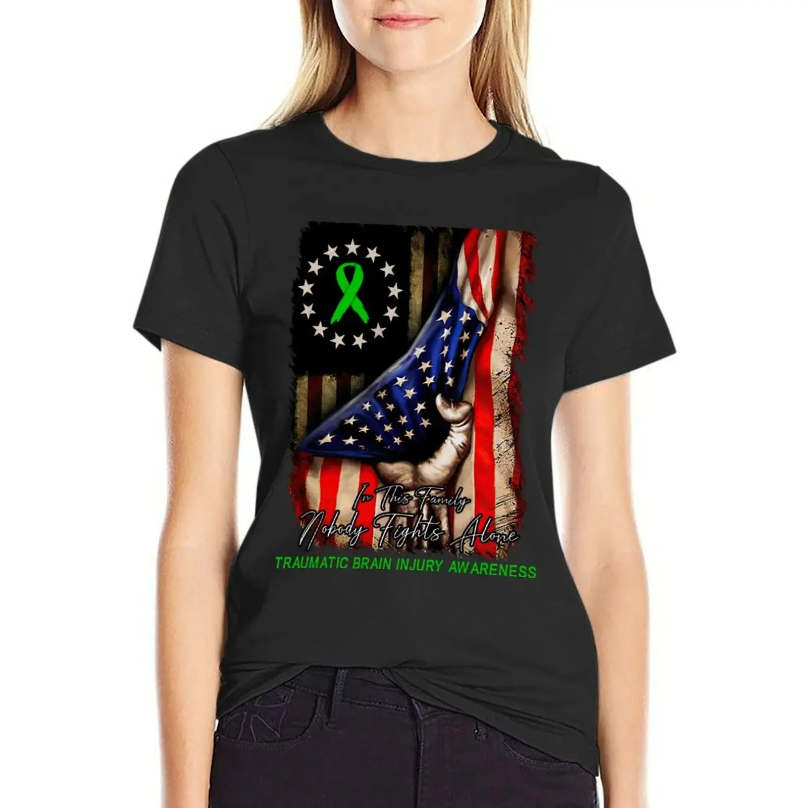 

Distressed American Flag Nobody Fight Alone Traumatic Brain Injury Awareness T-shirt oversized tops Women's tee shirt