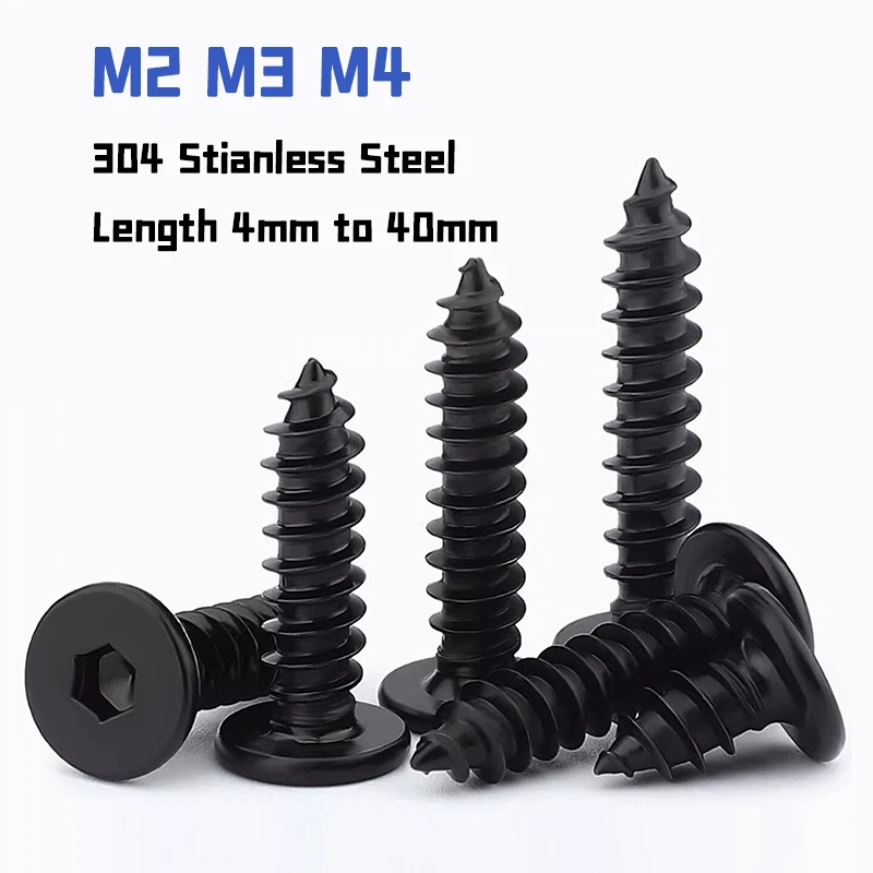 Black 304 Stianless Steel M2 M3 M4 Super Ultra Thin Hex Socket Flat Head Screw Self-Tapping Wood Screws Length 4mm to 40mm
