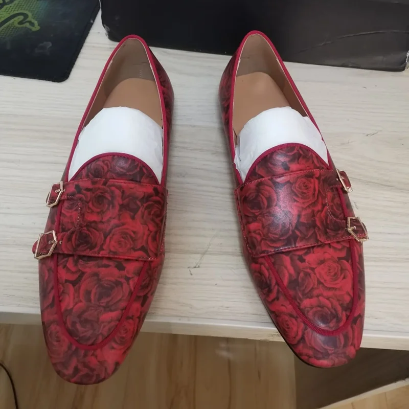 New Fashion Printed Rose Red Shoes Monk Strap Loafers Men Genuine Leather Dress Shoes Slip On Italian Formal Shoes For Men