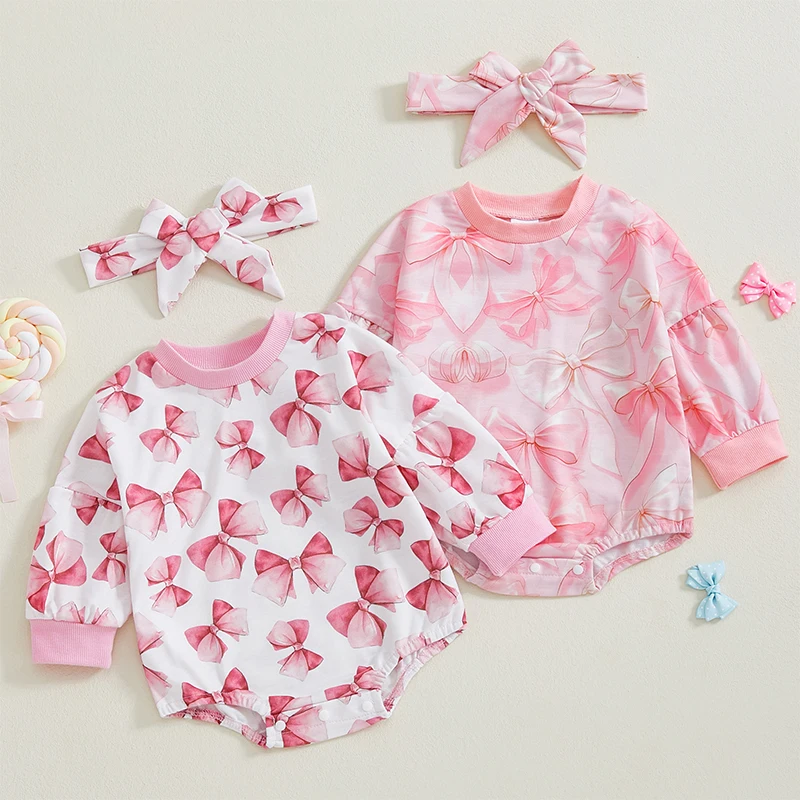 

0-18 Months Baby Girls Sweatshirt Romper Bow Print Long Sleeve Round Neck Jumpsuits Headband 2Piece Spring Outfits
