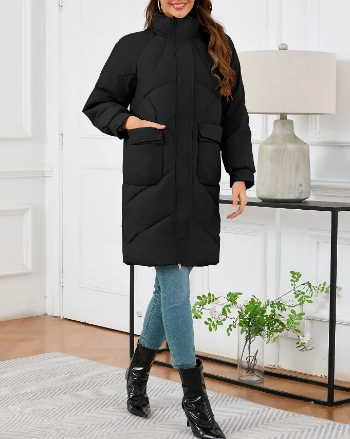 Elegant Winter Women's Coat 2025 New In Zip Up Hoodies Long Sleeved Warm Slim Fit Cotton Jacket Pockets Overknee Long Jacket