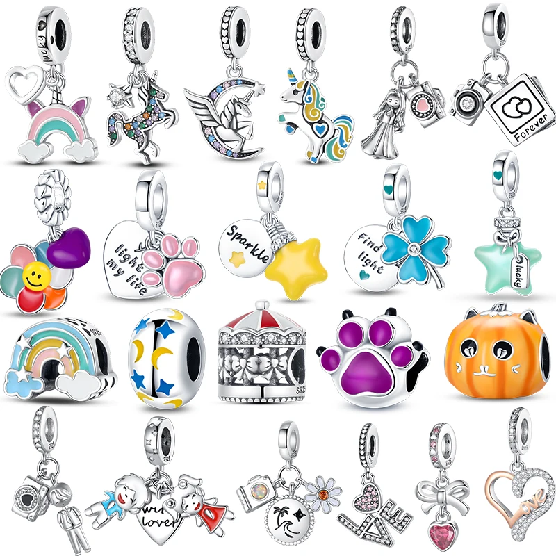 

100% 925 Silver New Fit Original Pandora Bracelet Rainbow Paw Glow-in-the-dark Firefly Star Charm Dangle DIY Jewelry Women Gift