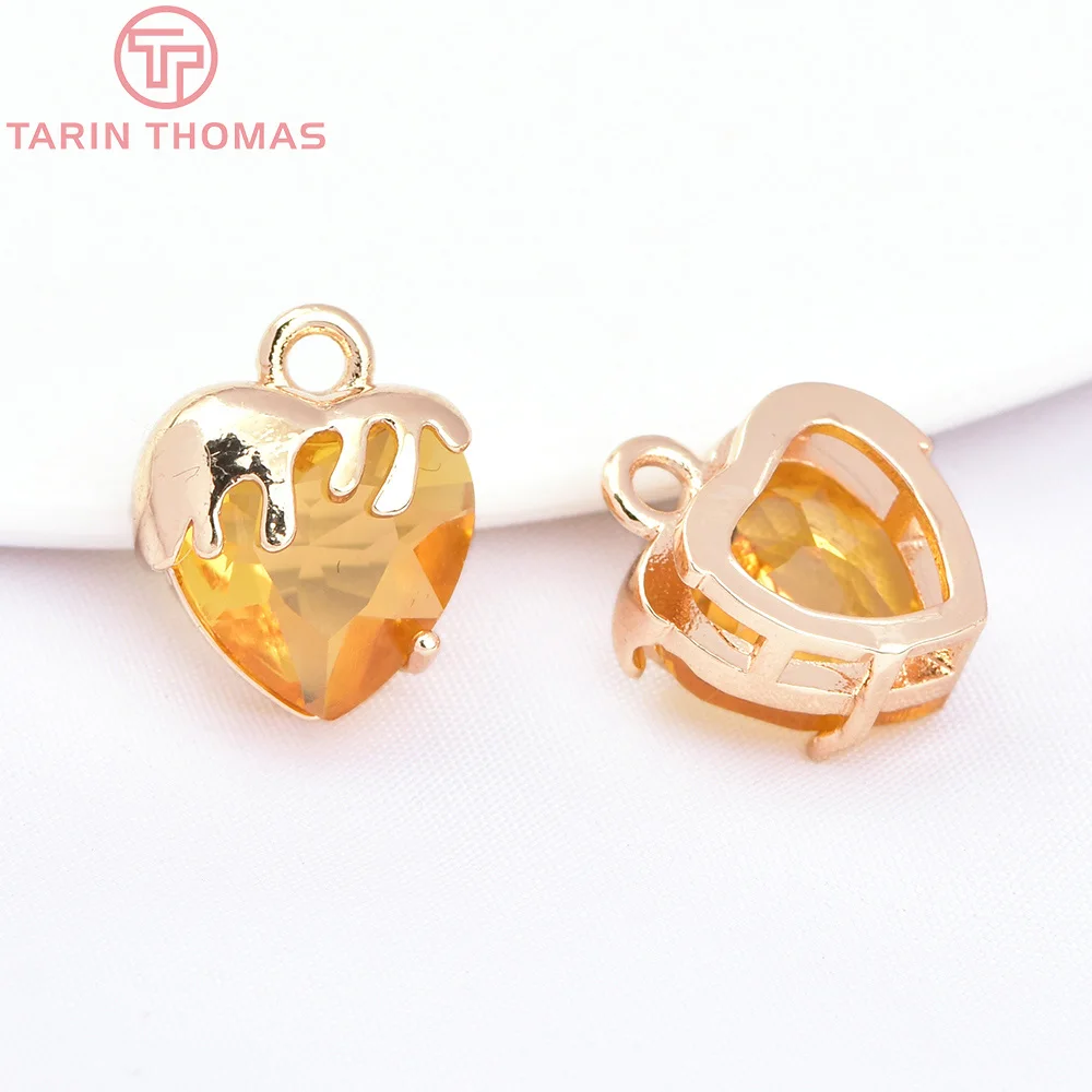النحاس مع المعلقات القلب الزجاج ، 24K لون الذهب ، 10 قطعة ، 11x13.5 مللي متر ، عالية الجودة ، DIY بها بنفسك صنع المجوهرات ، اكسسوارات النتائج ، 7605