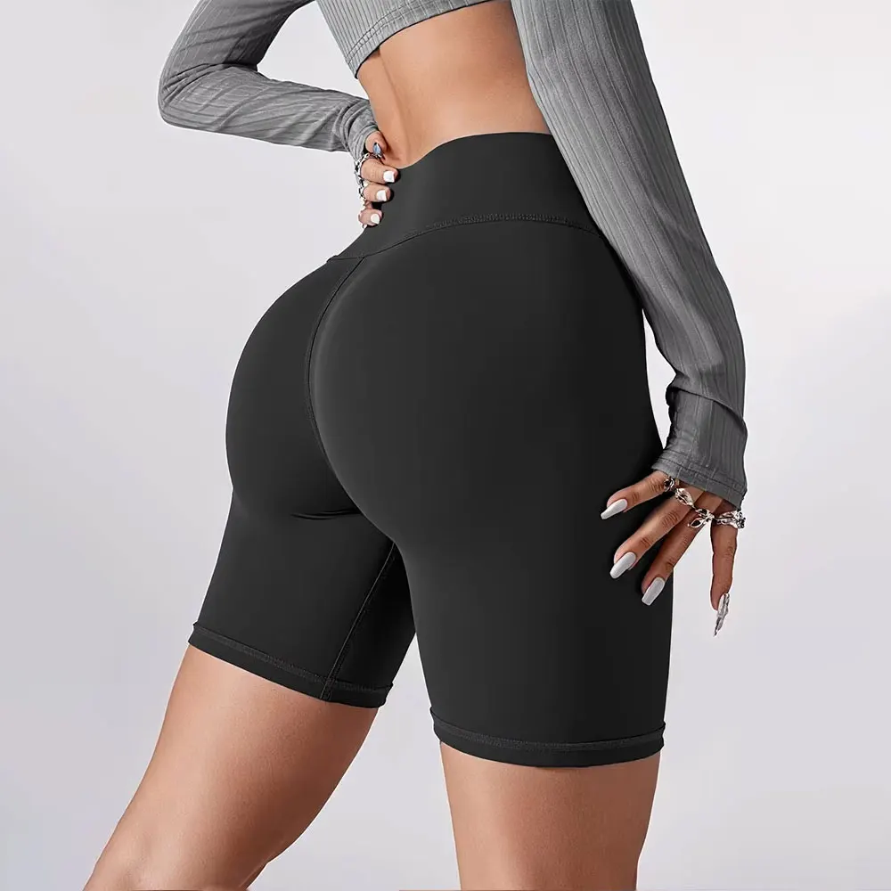 Damen-Sport-Radshorts, knielang, hohe Taille, Po-Lifting-Effekt, Fitness-Shorts, einfarbig, Stretch-Yogahose für Fitness und Laufen