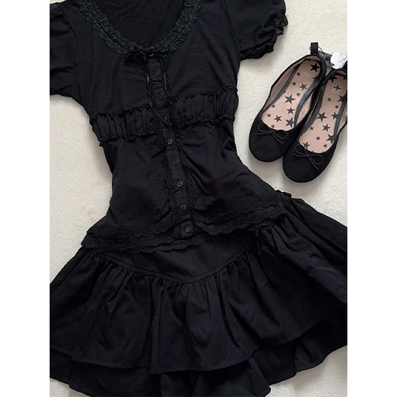 مجموعة تنورة صغيرة كلاسيكية داكنة مكونة من قطعتين: بلوزة نحيفة بأكمام قصيرة وصدر واحد + تنورة ذات طبقات على طراز Jk Preppy مكونة من قطعتين