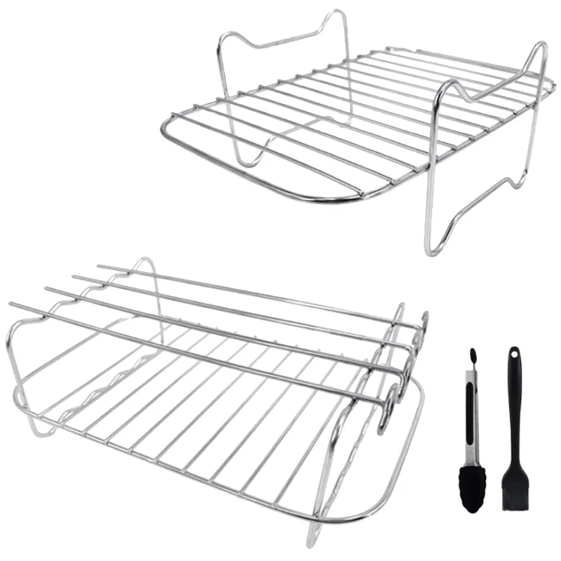 ABKR-Air Fryer Rack สําหรับ Ninja Dual Air Fryer,ชั้นวาง 2 ชิ้น 4 Skewers,แปรงและคลิป, สําหรับตะกร้าคู่ Air Fryers