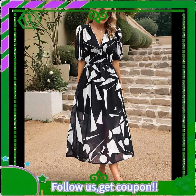 A18P-Damskie letnie sukienki 2025 Casual Puff Short Sleeve V Neck Floral Boho Maxi Dress