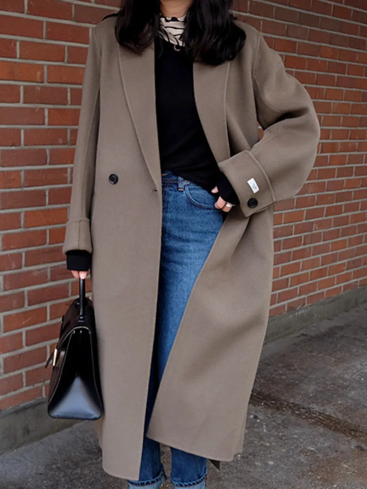 

ZMEENNA Long Women's Wool Blend Belted Trench Coat Elegant Winter Warm Outerwear With Pockets Classic Lapel Casual ZM3335