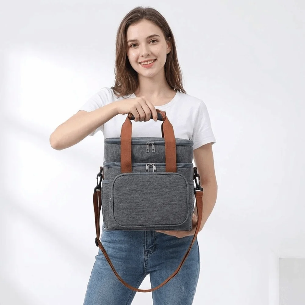 Large Capacity Insulated Lunch Bag Leakproof Adjustable Shoulder Strap Picnic Tote Bag Waterproof Side Pocket
