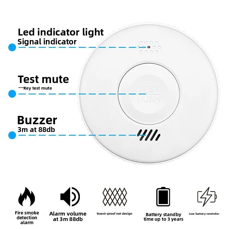 Allarme di fumo autonomo Design a rete a prova di insetti Rilevatore di fumo antincendio a lunga durata Allarme acustico sensibile per uso domestico