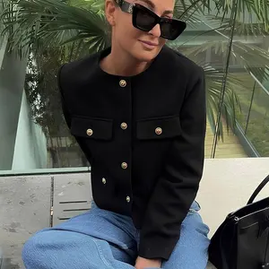 TRAFZA-نسائي أنيق جاكيت قصير كم طويل معطف رقبة نسائي كاجوال بلايز جيب فليب موضة 2024 أفضل 12 معاطف نسائية مبيعة - No8