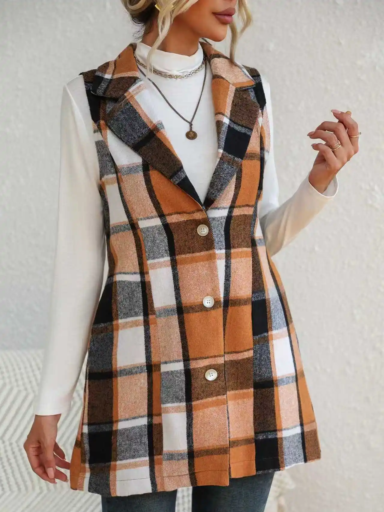 سترة أزياء السيدات معطف بلا أكمام سترة طية صدر السترة منقوشة في الربيع والخريف #3