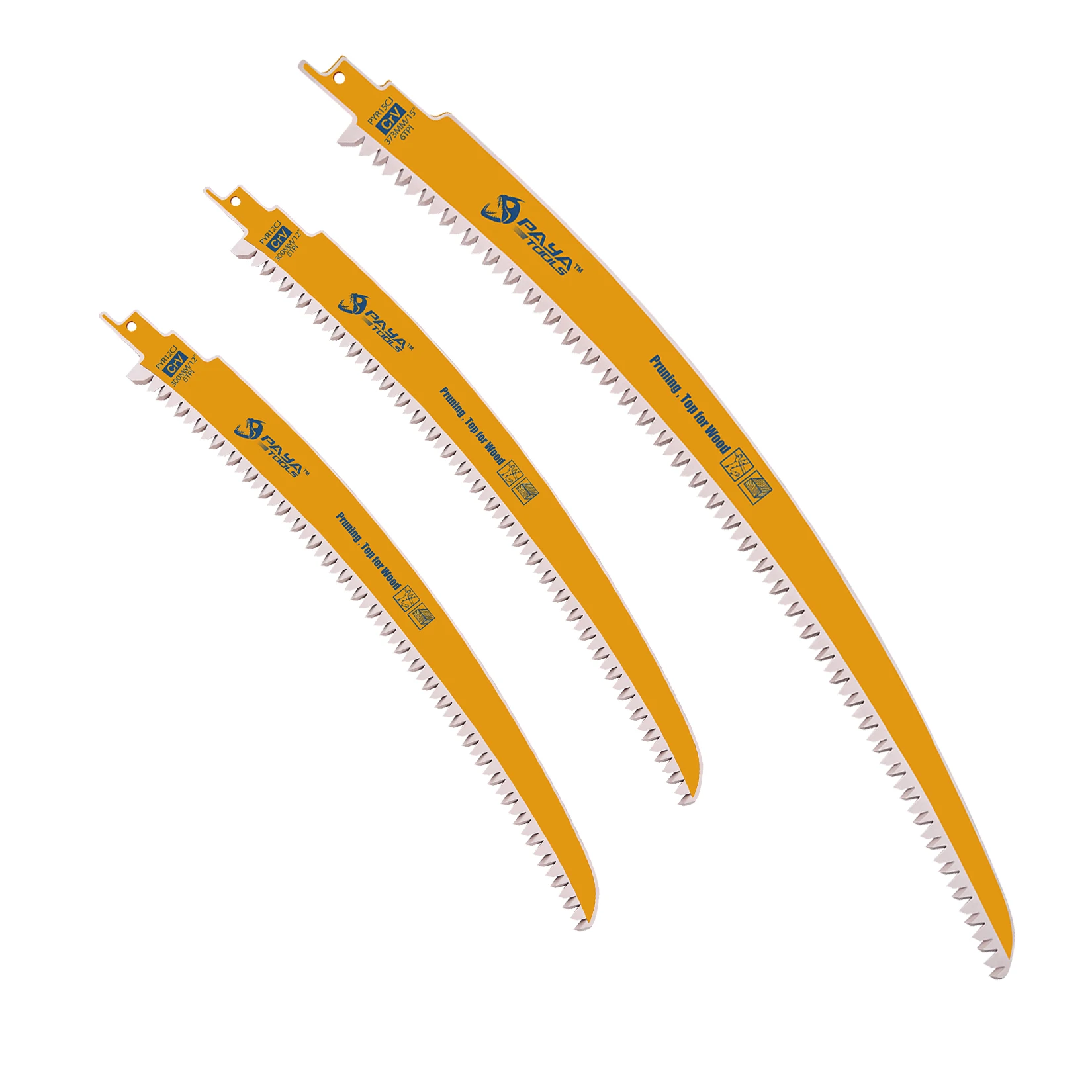 3PCS Curved Edge Wood Pruning Reciprocating Saw Blade Set 12In 15In 6TPI Japanese Teeth Sabre Saw Blades for Tree Trimming Wood