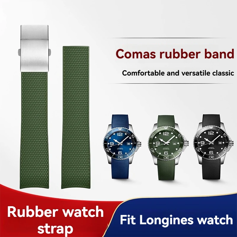 For Longines HydroConquest L3.781/642/742/782 21mm Blue Silicone Dive Watch Band - Curved End Rubber Strap Replacement