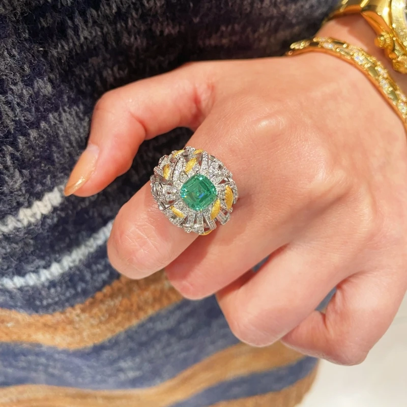 Bellux S925 silver plated 18K gold rings hollow design gold leaf brushed palace style imported apple green tourmaline ring