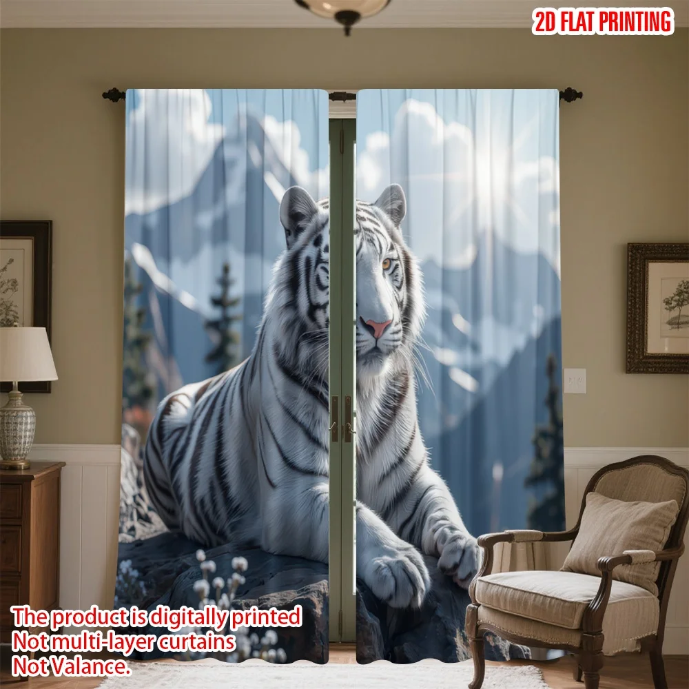 

2D flat printing 2pcs Curtain White Tiger in Mountains Digital Printed Polyester Drapes Family Party Decoration Perfect for