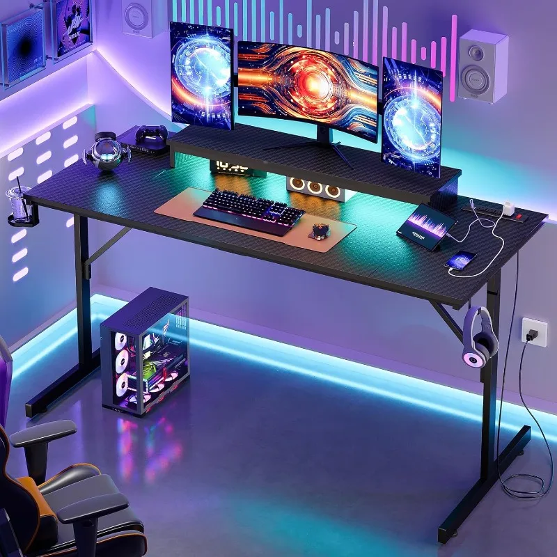 

52 Inch Gaming Desk with Power Outlets and USB Charging Ports, Sturdy Computer Desk with LED Lights and Monitor Stand