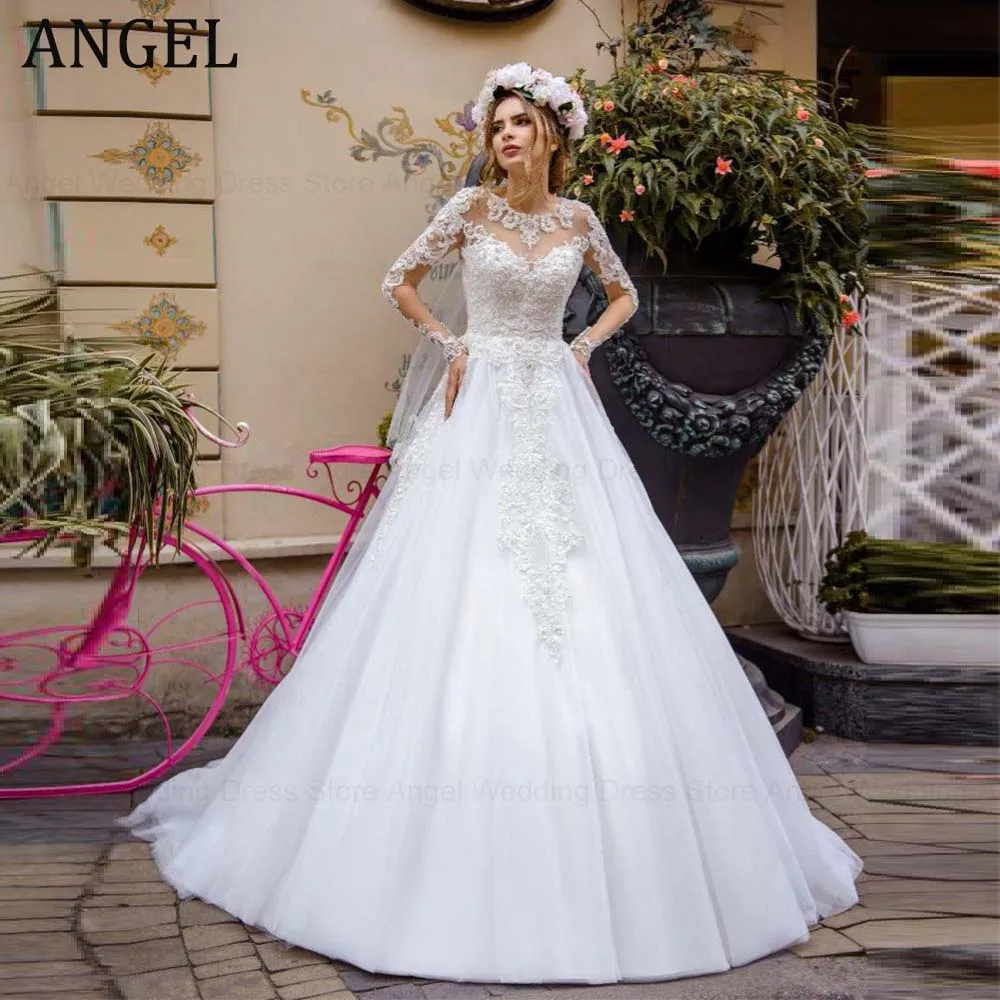 Anjo personalizado requintado vestido de casamento para noiva 2026 a linha ilusão o pescoço applique tule longo vestido de noiva novia