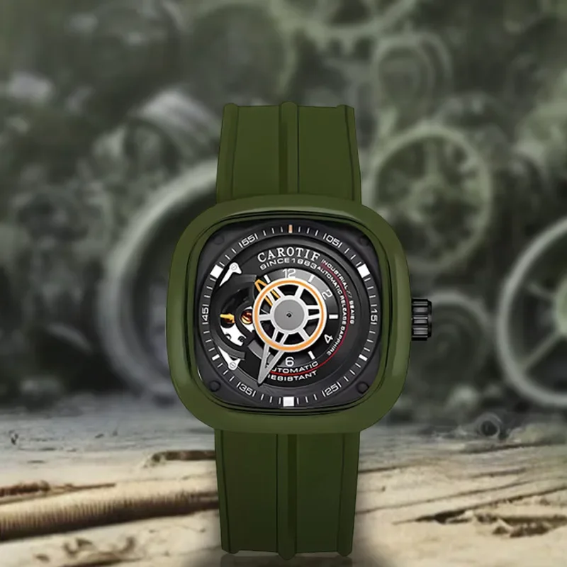 New men\'s wristwatch sports trend fashion high-end square green silicone strap fully automatic men\'s mechanical watch