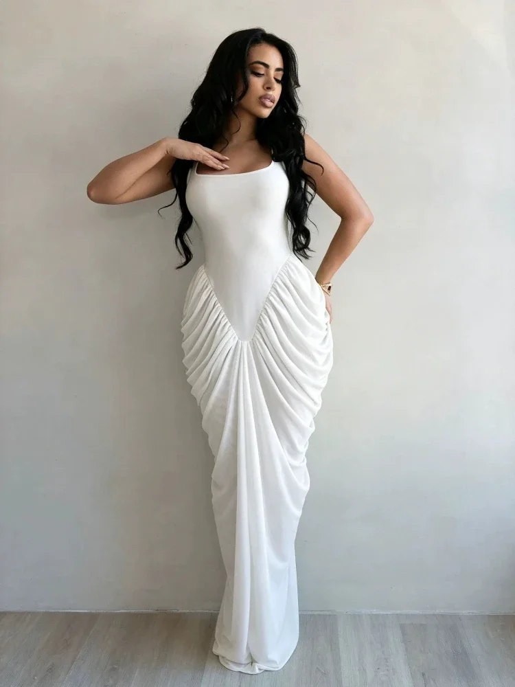 Leosoxs Ruched Sexy Maxi Dresses Women 2026 Summer Solid Square Neck Sleeveless Chiffon Dress Elegant Party Evening Vestidos