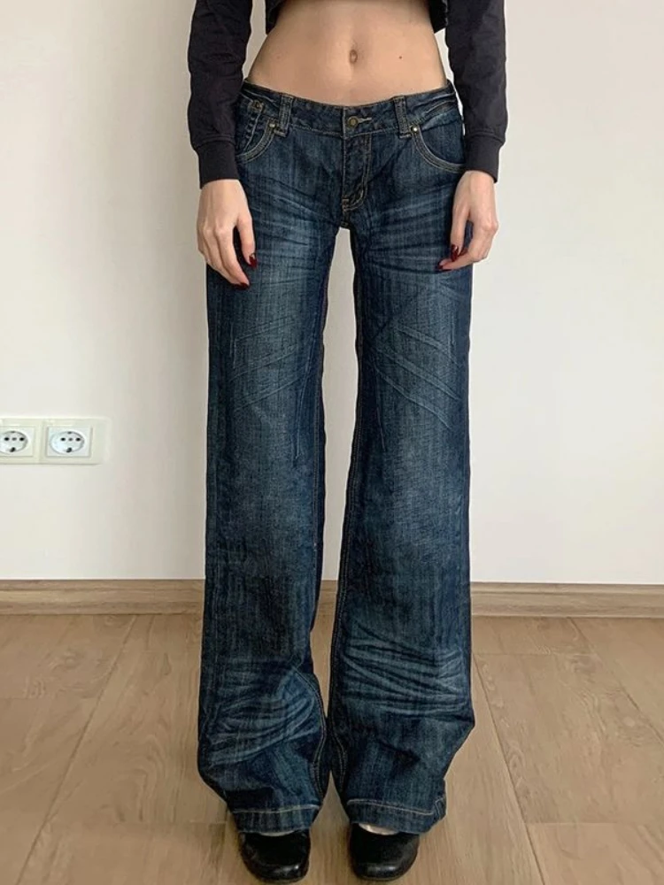 

HOUZHOU Y2k Vintage Basic Women Distressed Jeans Washed Low Waist American Style Straight Denim Trousers Slim Classic Casual