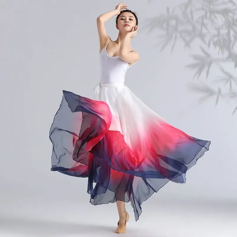 Chinese Ethnic Classical Modern Dance Training Skirt Gradient Elegant Performance Swing Skirt Wrap Design Flowy Dress White Blue