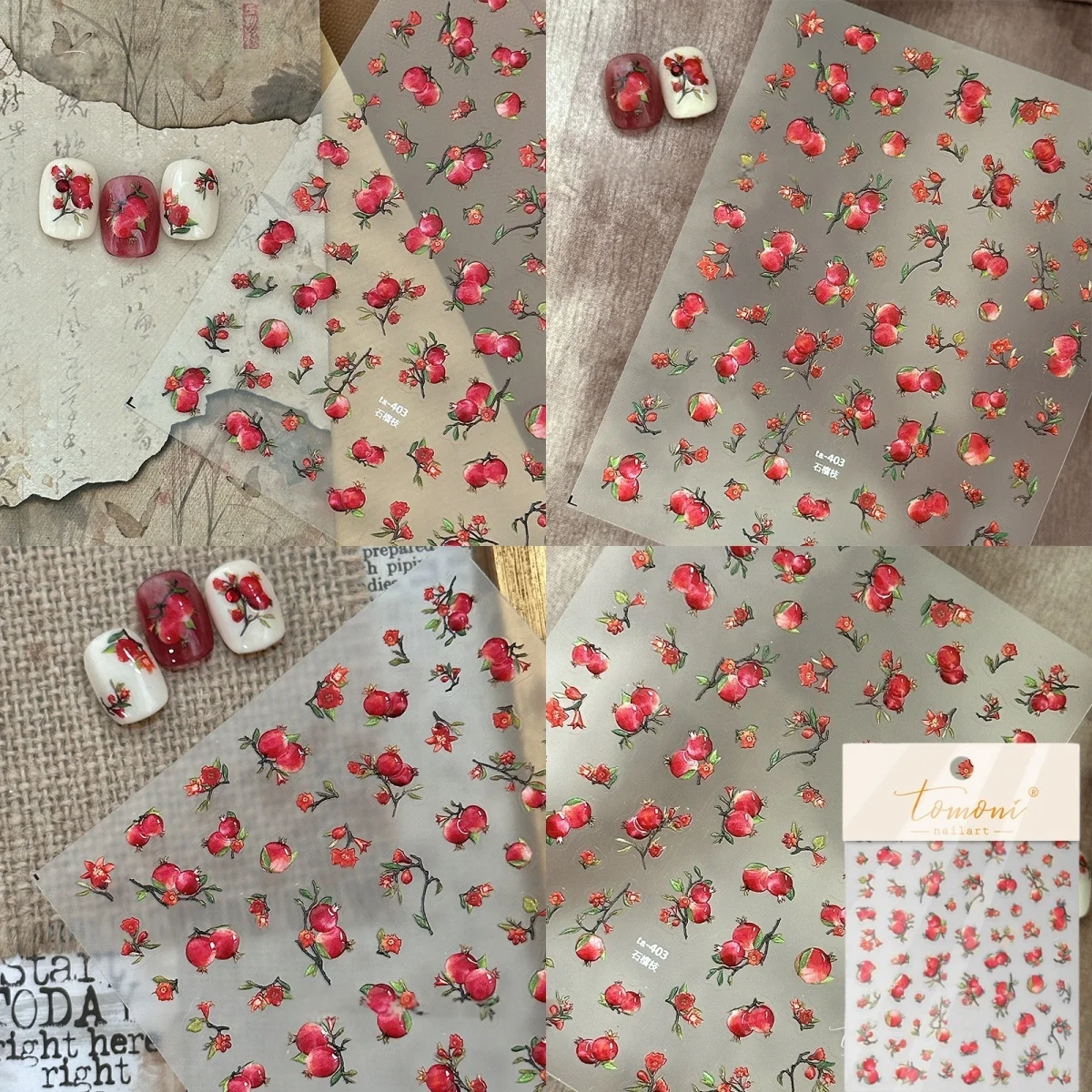 

Chinese-style Nail Stickers Jelly Texture Pomegranate Branch Sticker Accessories DIY Decoration Cute Fruits 3D Manicure Decals