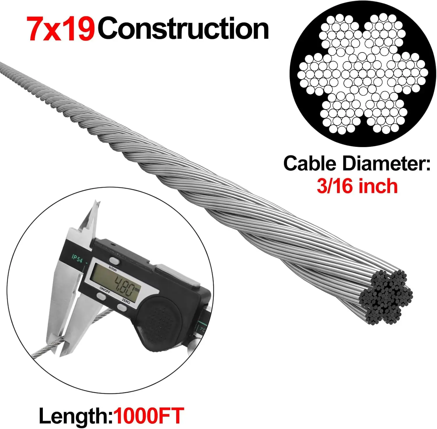 

1000FT 3/16" Stainless Steel Cable, 304 Stainless Steel Decking Railing Cable with 7 x 19 Strand Construction, 3700lbs Breaking
