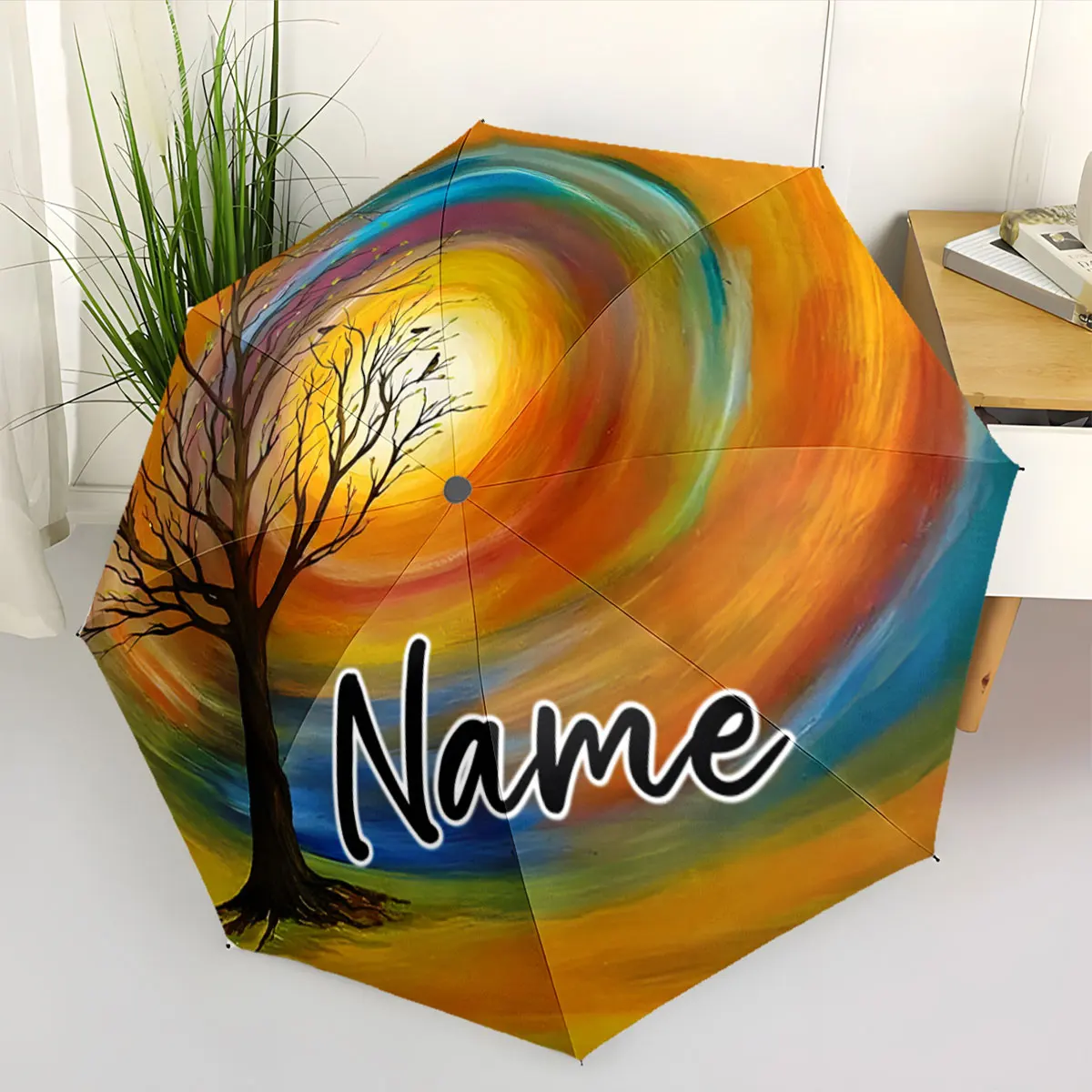 Custom Name Vibrant Tree Design Umbrella with Personalized Name Print 8 Iron Ribs Folding Umbrella Auto-Open Fashion Sunshade