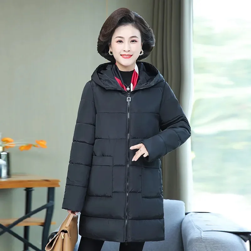 Fashion Mother Outcoat Long Down Cotton Jacket Winter New Middle-Aged Elderly Padded Jacket With Thick Padded Coat With Hooded