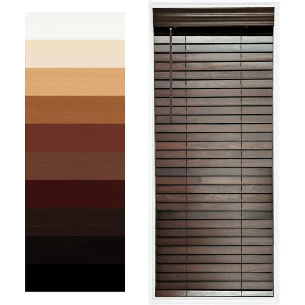 Customizable Wood Horizontal Cordless Window Blinds - 2 Inch Slats - Walnut (Medium-Dark Brown,) Outside or Inside Mount.