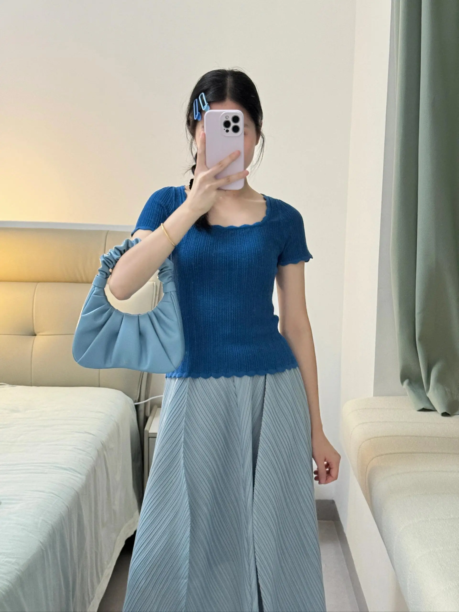 Klein Blue Square Collar Slim Fit Versatile Small Top Short Sleeve T-Shirt Korean Style Unique Beautiful Commute Wind Women's...