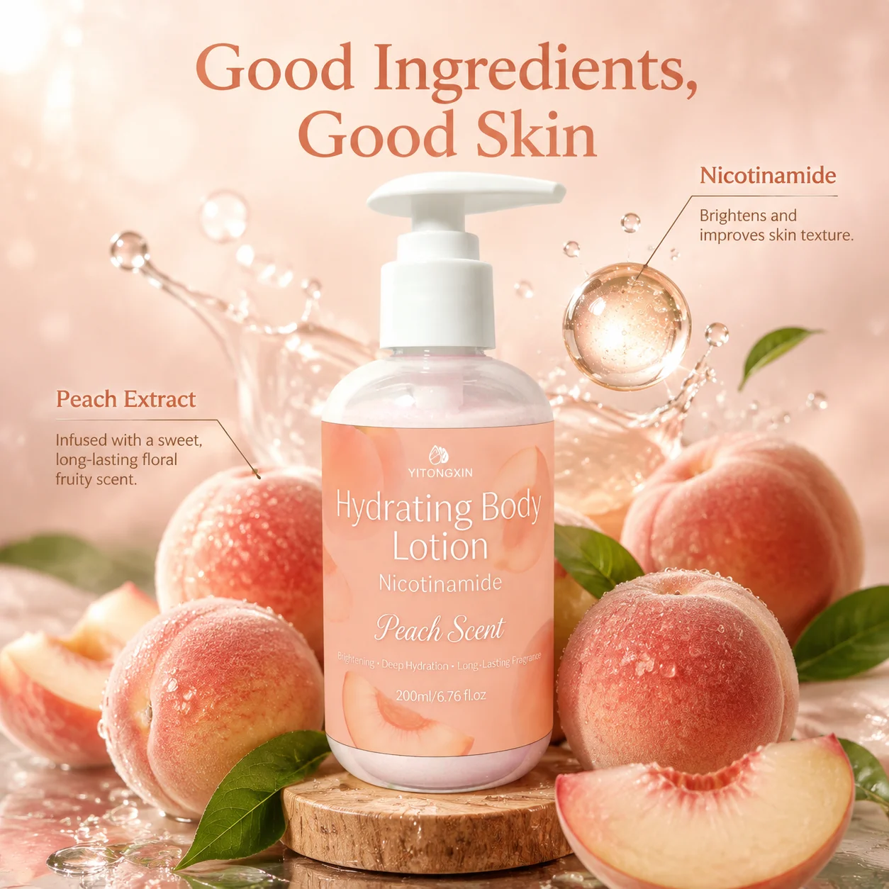 Hydrating Body Lotion with Peach Scent, Niacinamide Brightening, Softens Keratin & Deep Moisturizing, 200ml