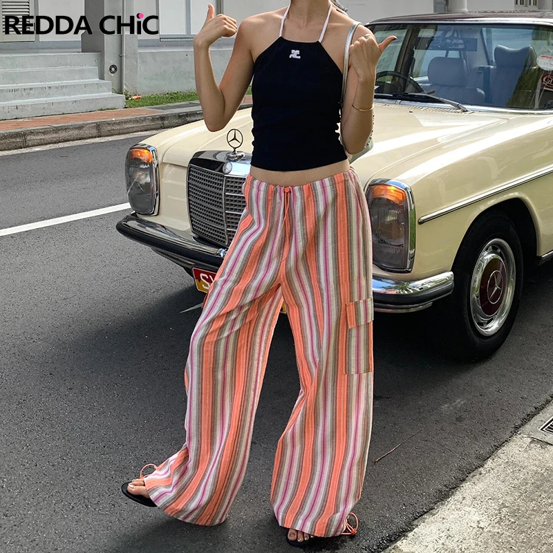 REDDACHiC Women Striped Wide Leg Parachute Pants Cotton Linen Drawstring Waist Flap Pockets Cargo Pants Casual Vintage Workwear