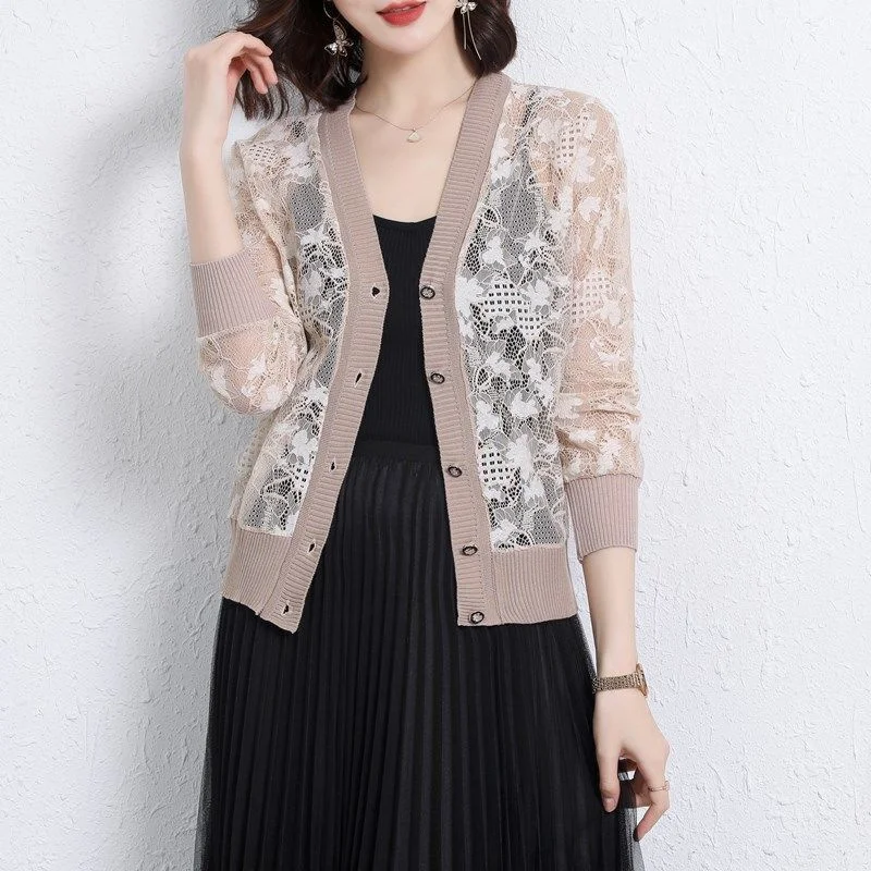 

Summer 2025 Thin Lace Knitted Cardigan Shawl Jacket Air Conditioning Shirt for Women V-neck Hollowed Out Sunscreen Coat Top