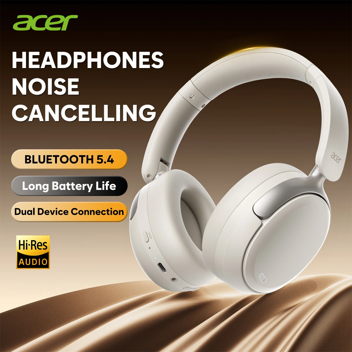Acer OHR516 ANC Wireless Headphone Noise Cancelling Hi-Res Spatial Audio Earphone Bluetooth Over Ear Headset 40mm Dynamic Driver